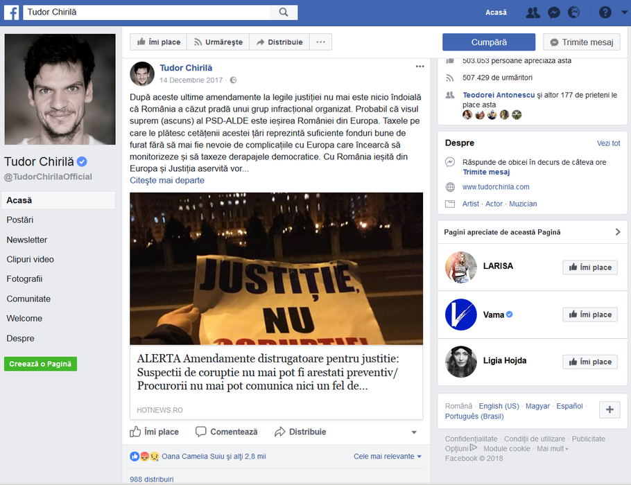 Tudor Chirilă a numit coaliţia guvernamentală "grup infracţional organizat", făcând apel la fanii săi să vină la proteste