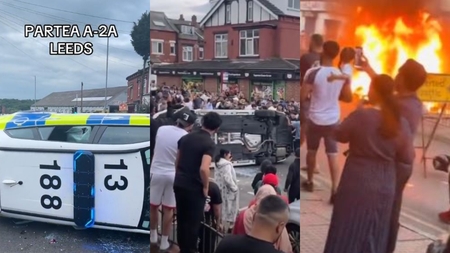 Românii au făcut dezastru în Marea Britanie! Haos pe străzi, au răsturnat o mașină de poliție: „Să vină mascații de la București”
