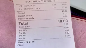 Câți lei i s-a cerut bacșiș unui client pentru o cafea și un cocktail, într-o cafenea din Ploiești. Șpaga a venit direct pe nota de plată