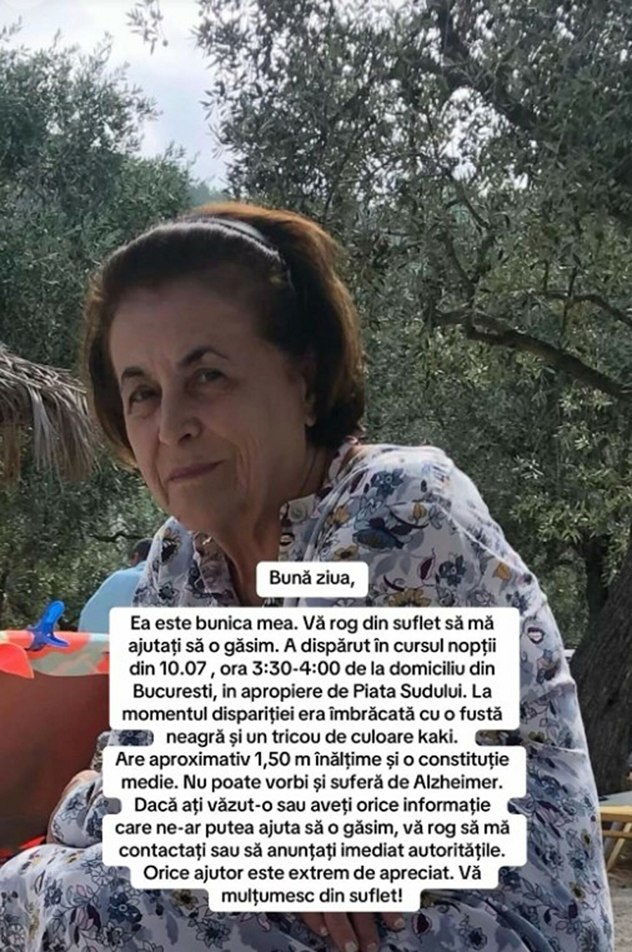 Bunică bolnavă de Alzheimer, dispărută în București. Familia cere ajutorul oamenilor