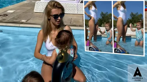 Andreea Bălan, gafă în timp ce se afla la piscină cu fiicele. I s-au văzut zonele intime prin costumul de baie alb și decupat | VIDEO
