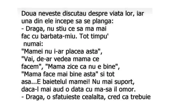 Bancul de weekend | Nevasta disperată și soțul care încă e băiatul mamei