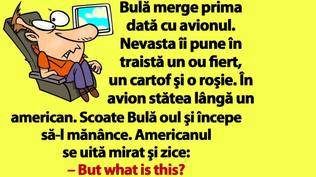 BANC | Bulă merge prima dată cu avionul. Nevasta îi pune în traistă un ou fiert, un cartof şi o roşie