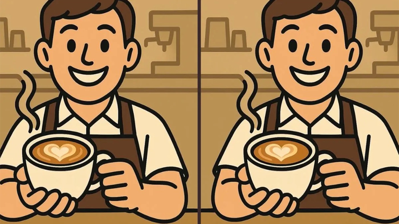 Test de logică | Acești 2 barista par identici, dar nu sunt. Găsiți toate cele 3 diferențe!