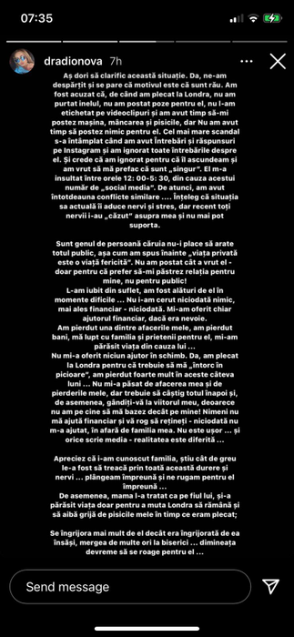 Mesajul postat de Daria pe Instagram - part 1