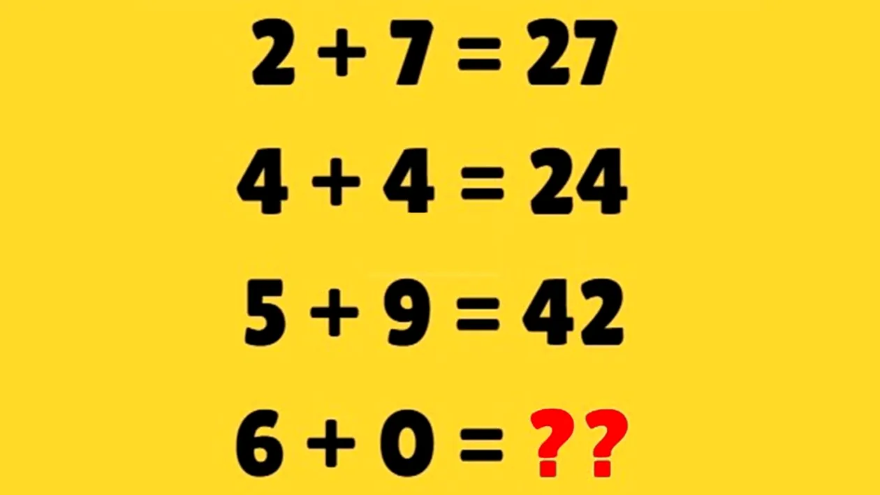 Test de inteligență exclusiv pentru genii | Dacă 2+7=27, 4+4=24 și 5+9=42, cât fac 6+0?