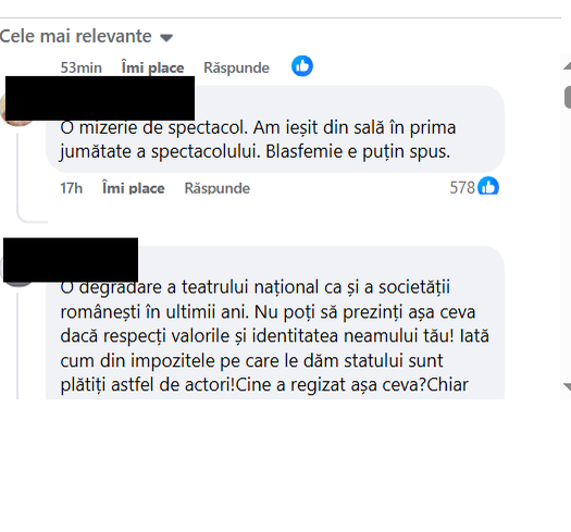Comentariile la postarea despre piesa de teatru/ Sursa foto: Facebook