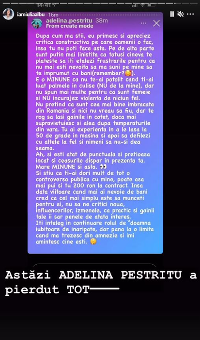 Adelina Pestrițu “a contraatacat” în războiul cu Iulia Albu: “Nu te-ai potolit când ți-ai luat palmele în culise”. Ce dezvăluiri a mai făcut despre celebrul critic de modă