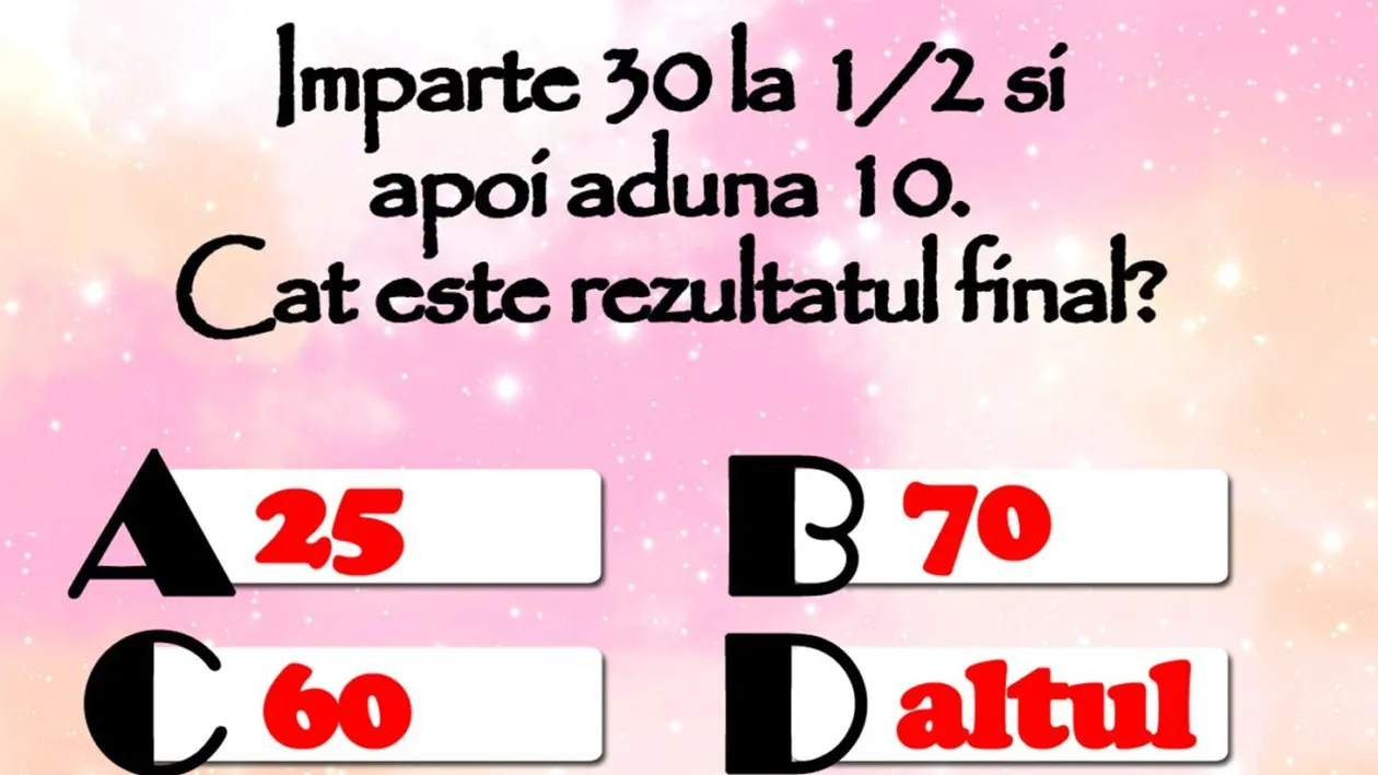 TEST IQ | Împarte 30 la 1/2 și apoi adună 10. Care e rezultatul final?