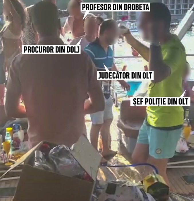 Procurori, judecători și șefi de Poliție de la Dolj și Olt, filmați la un party cu animatoare pe un ponton de lux de pe Dunăre