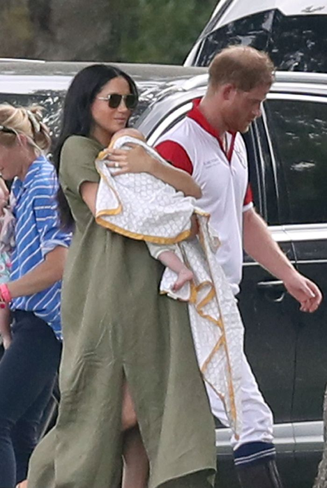 The Duke and Duchess of Sussex with their son Archie as they the King Power Royal Charity Polo Day at Billingbear Polo Club, Wokingham, Berkshire. July 10, 2019
