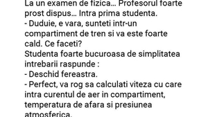 BANC | Profesorul de fizică o întreabă pe studentă, la examen: "Duduie, e vară, sunteți într-un compartiment de tren și vă e cald. Ce faceți?"