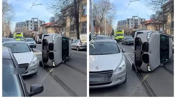 Accident în Sectorul 2 al Capitalei! O mașină s-a răsturnat pe linia de tramvai