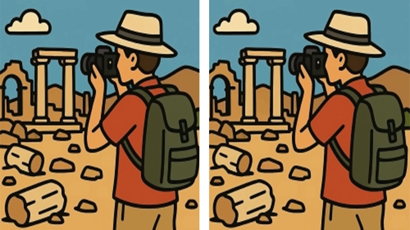 Test de perspicacitate | Identificați toate cele 3 diferențe dintre turistul din dreapta și cel din stânga!