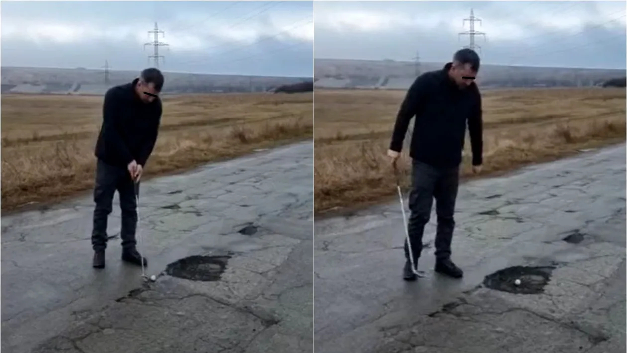 Imaginile zilei | Un tânăr dintr-o comună din județul Vaslui joacă golf în gropile din asfalt