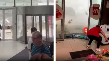 Imagini de GROAZĂ dintr-o clădire de birouri și o benzinărie din București, în timpul furtunii devastatoare! Doar în filme vezi așa ceva