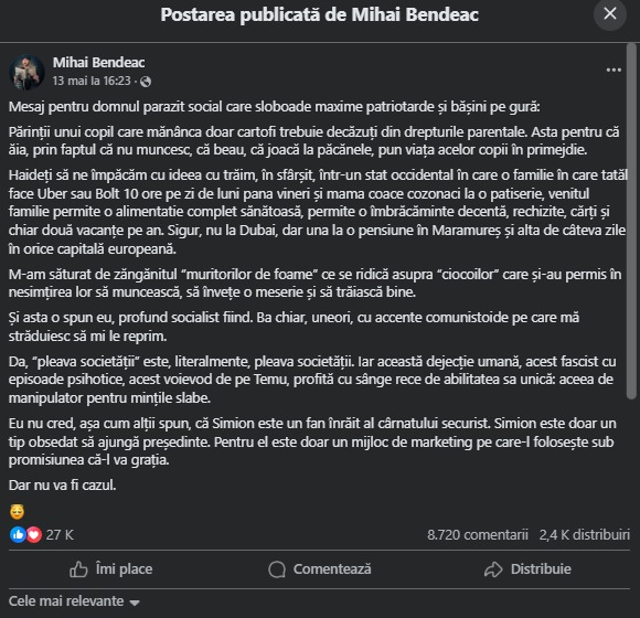 Mesaj postat de Mihai Bendeac pe Facebook. Sursa foto: captură ecran