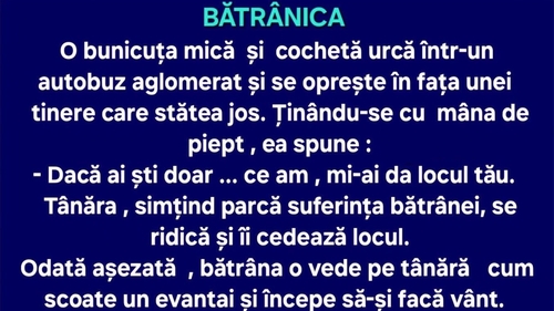 BANC | O bunicuță mică și cochetă intră într-un autobuz aglomerat