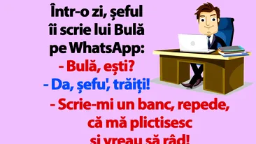 BANC | Șeful îi scrie lui Bulă pe WhatsApp: Scrie-mi un banc, că mă plictisesc