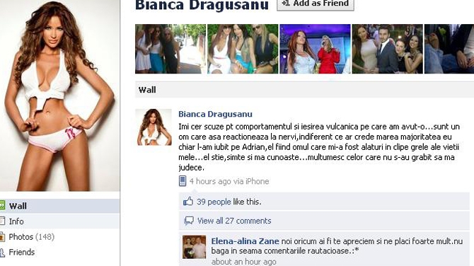 Bianca Dragusanu ii cere iertare lui Cristea: "Imi cer scuze pentru  iesirea vulcanica! L-am iubit pe Adrian"