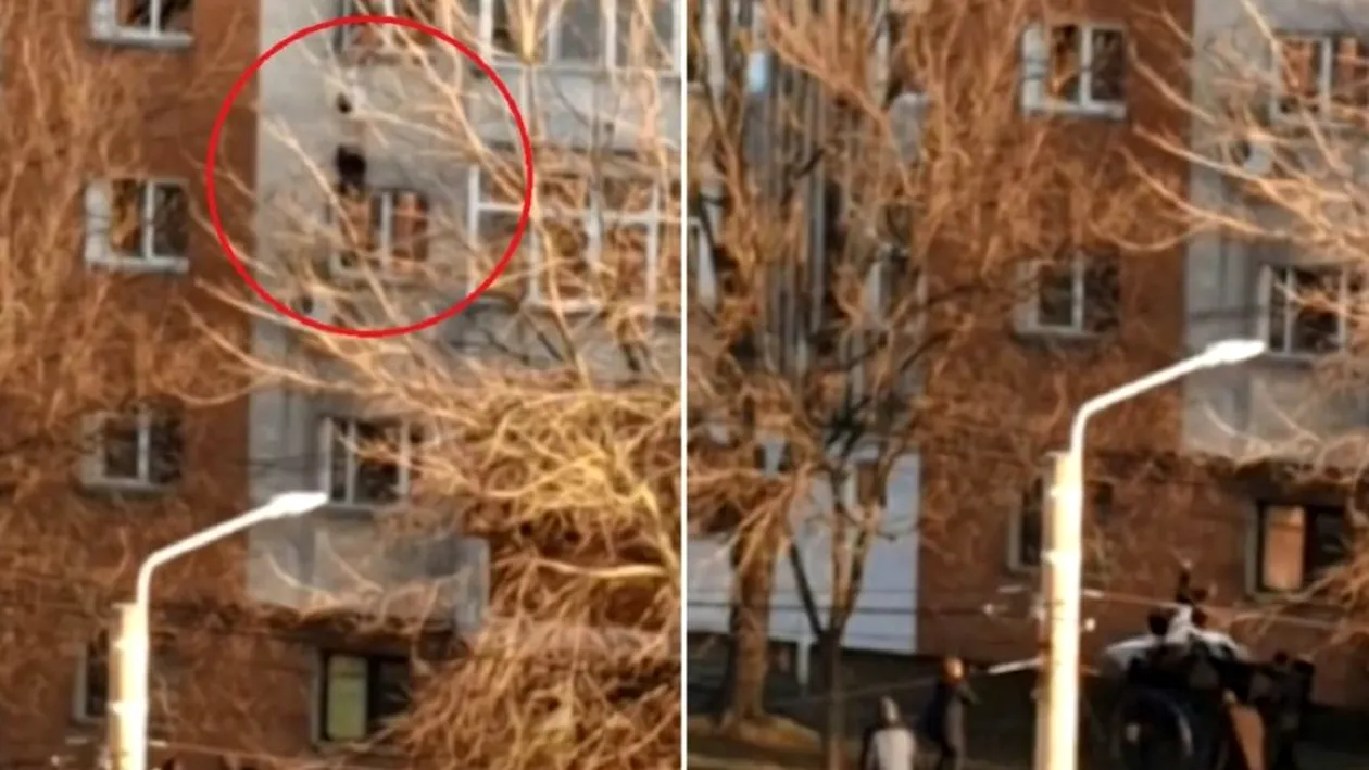 VIDEO! Momentul în care tânăra din Craiova se aruncă de la etaj și este salvată cu cearșaful de vecini