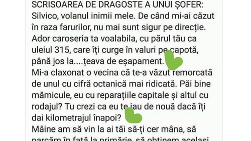 BANC | Scrisoarea de dragoste a unui șofer: "Silvico, volanul inimii mele.."