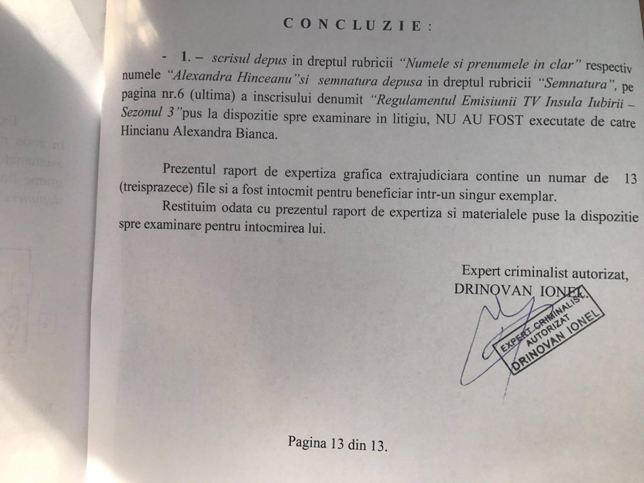 Raportul expertizei grafologice care atestă că semnătura Biancăi de la ”Insula iubirii” a fost falsificată