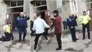 Imagini incredibile în Bacău! Mai mulți tineri iau la bătaie un polițist, în timp ce colegul agentului vorbește la telefon