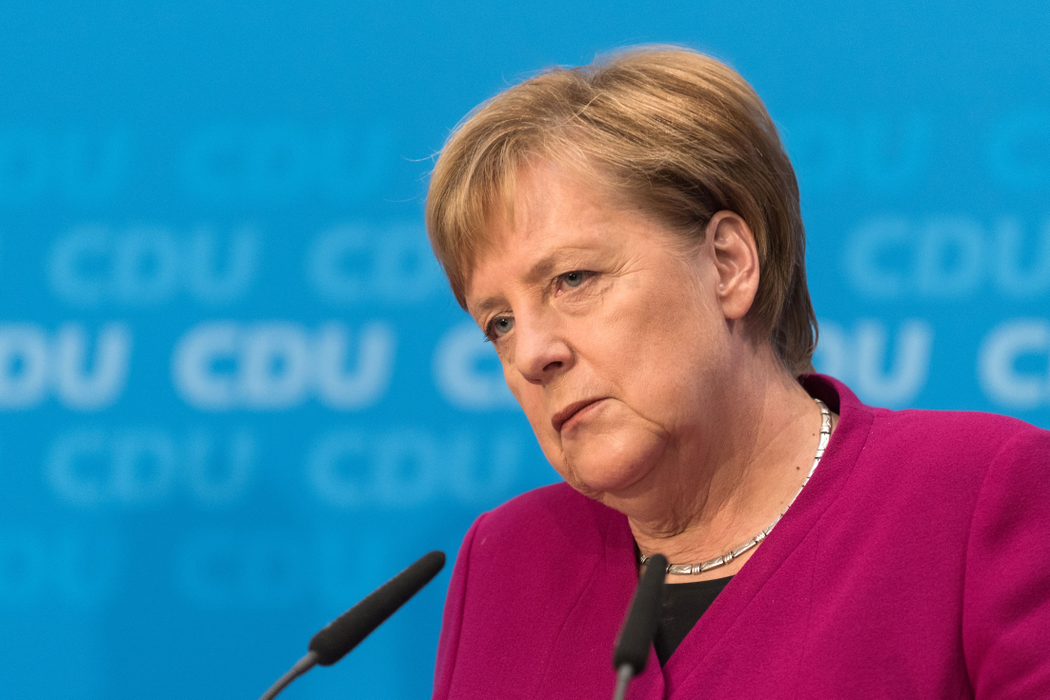 German Chancellor and leader of the Christian Democratic Union (CDU) Angela Merkel looks on during a press conference at the CDU headquarters on October 29, 2018 one day after the regional state elections in Hesse. - German Chancellor Angela Merkel announced she will not stand again as leader of her centre-right CDU, which she has chaired the CDU for 18 years, and step down as German chancellor when her mandate ends in 2021, making way for a successor following a series of regional vote defeats. (Photo by Markus HEINE / AFP)        (Photo credit should read MARKUS HEINE/AFP/Getty Images)
