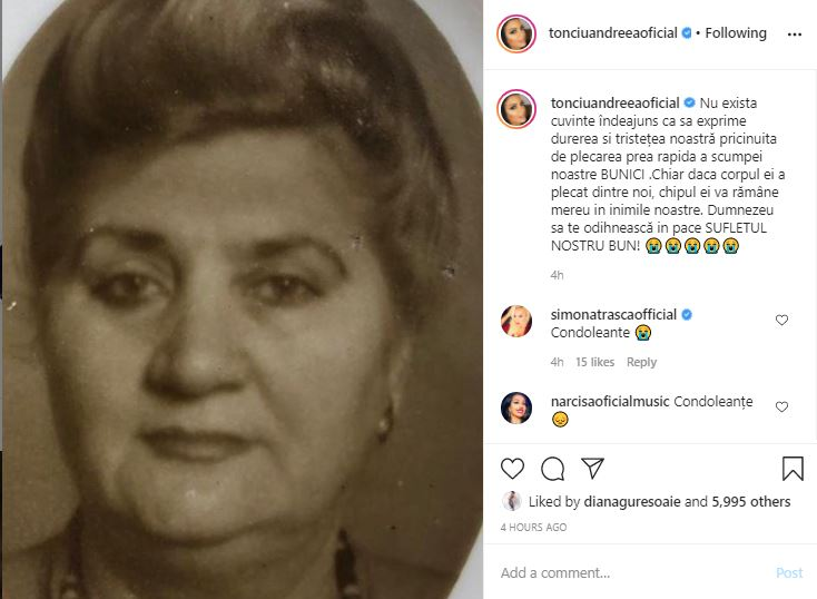 Andreea Tonciu, în doliu după moartea bunicii sale: “Am să te iubesc câte zile voi avea, iubirea mea bună”