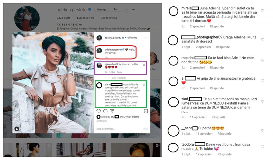 Adelina Pestrițu, în mijlocul unui scandal izbucnit între urmăritorii săi de pe rețelele de socializare. Unii dintre internauți o acuză că a fost plătită să spună că s-a infectat cu noul coronavirus © Instagram