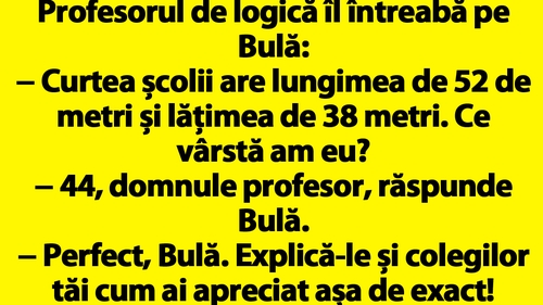 BANC | Profesorul de logică îl întreabă pe Bulă: "Curtea școlii are lungimea de 52 de metri și lățimea de 38 metri. Ce vârstă am eu?"