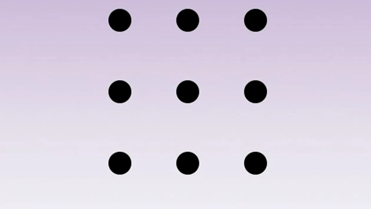 Test IQ cu 10 probleme | Prima: Uniți toate cele 9 puncte, folosind 4 linii drepte, fără a ridica pixul de pe foaie!