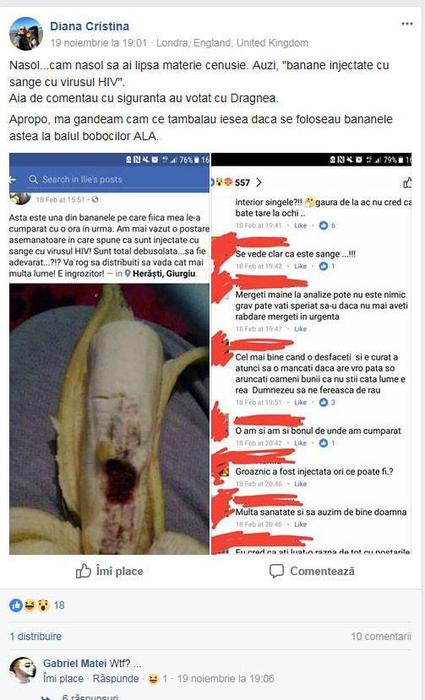 O fetiţă din Giurgiu a cumpărat banane şi când a ajuns acasă mama ei a desfăcut una şi a avut un şoc: ”Banane injectate cu sânge cu HIV”