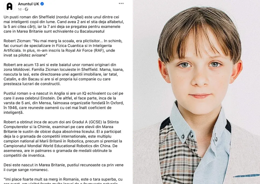Postarea făcută de Anuntul UK, despre Robert. Sursă foto: Facebook