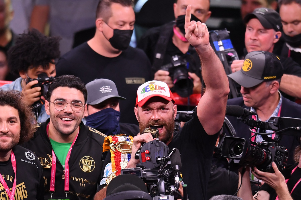 Tyson Fury of Great Britain sings and celebrates after defeating Deontay Wilder with an 11th round knock out in their WBC/Lineal Heavyweight title fight, October 9, 2021 at the T-Mobile Arena in Las Vegas, Nevada.,Image: 637383014, License: Rights-managed, Restrictions: , Model Release: no, Credit line: Profimedia