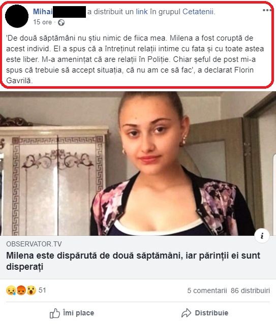 Milena Gavrilă are 14 ani și a dispărut de mai bine de două săptămâni. Explicația halucinantă oferită tatălui ei de un polițist