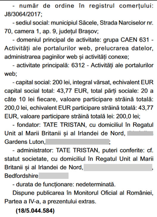 Conform Registrului Comerțului, Tristan Tate are adresa din buletin la Luton
