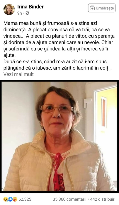 Irina Binder, omagiu impresionant la scurt timp după moartea mamei sale: “S-a stins, când m-a auzit că i-am spus plângând că o iubesc”