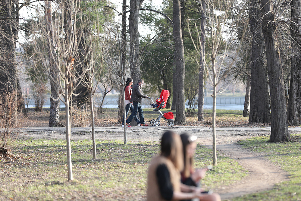 Andreea Pană şi Costică Constanda, în parc, cu copilul lor