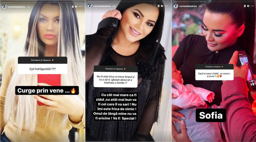Carmen de la Sălciua a făcut weekendul acesta declarații prin care a dezvăluit că este o femeie singură. Provocată de un fan, artista a spus ce nume i-ar pune fetiței sale dacă va avea una © Instagram Stories