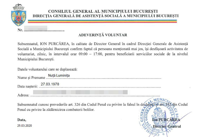 Dovada că Luminița Nuță a fost voluntar în cadrul Direcției Generale de Asistență Socială a Municipiului București