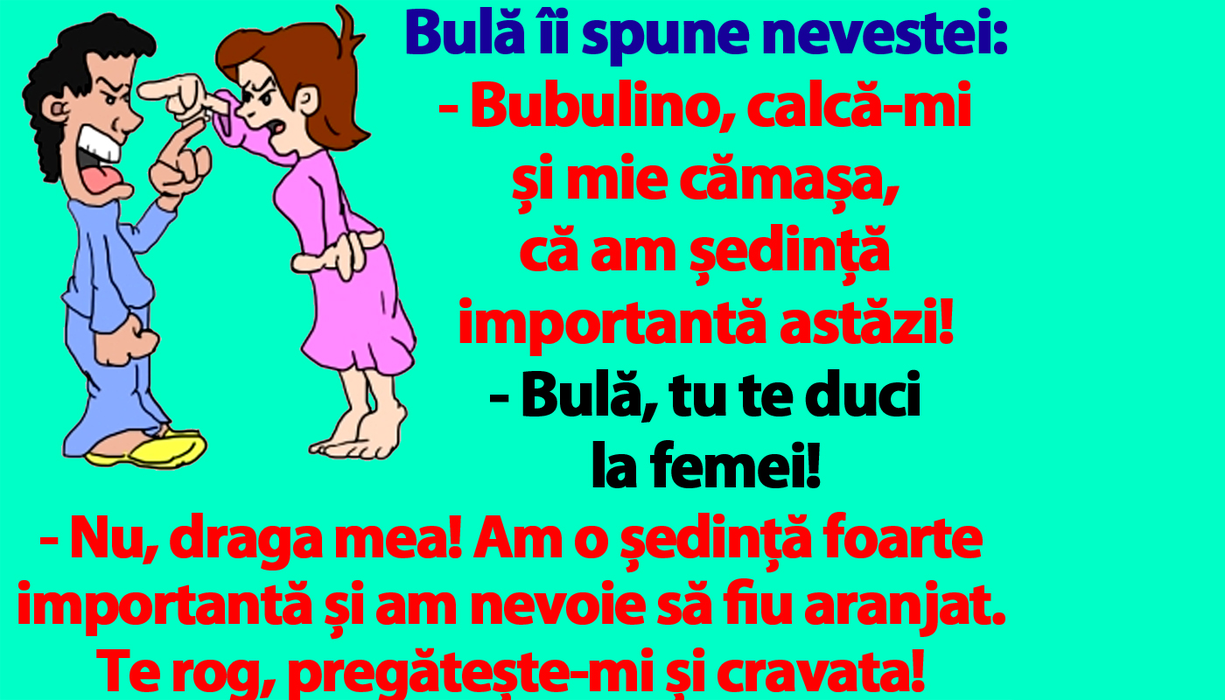 BANC | Bulă îi spune nevestei: „Bubulino, calcă-mi și mie cămașa, că am ședință importantă astăzi!”