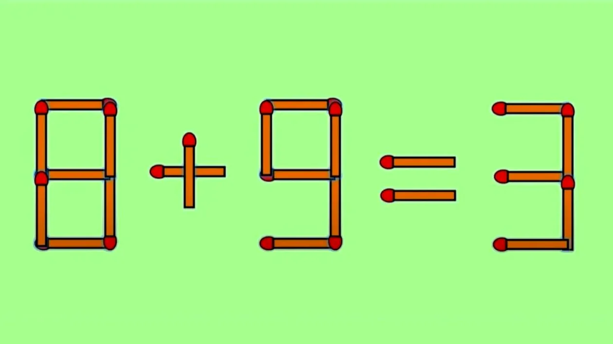 Test IQ | Ecuația 8+9=3 poate fi rezolvată dacă muți un singur băț. Ai găsit rezolvarea?