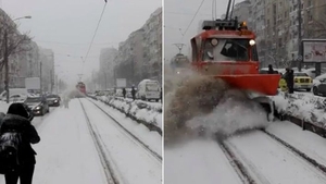 Un plug al RATB a îngropat în zăpadă călătorii care așteptau în stație! Oamenii au căzut pe stradă VIDEO