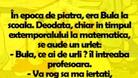 BANC | În epoca de piatră, era Bulă la școală. Deodată, chiar în timpul extemporalului la matematică, se aude un urlet