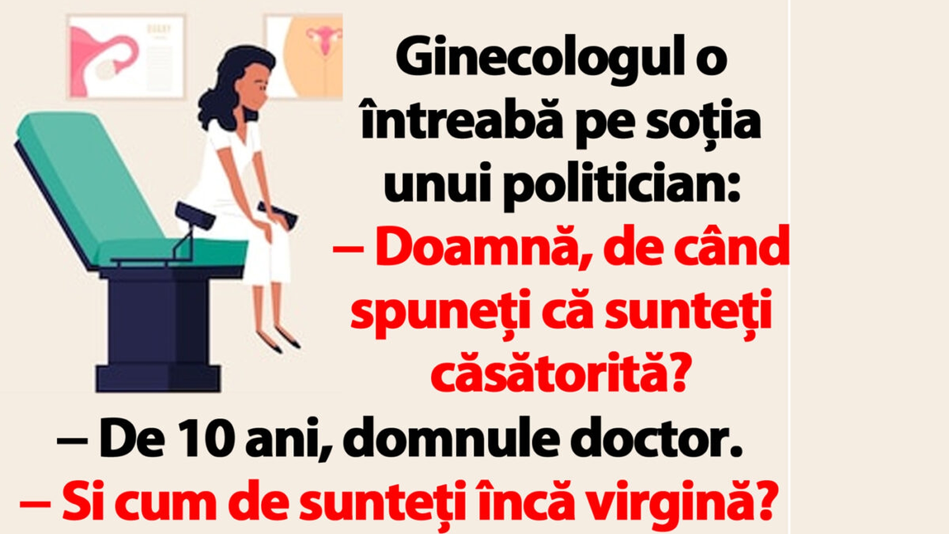 BANCUL ZILEI | Ginecologul o întreabă pe soţia unui politician: "Doamnă, cum de sunteți încă virgină?"