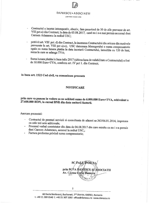 Notificarea PALL D'OR SA către Unirea Shopping Center