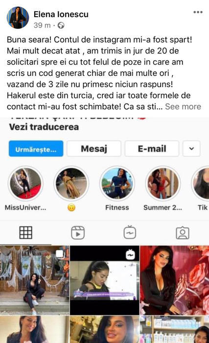 Elena Ionescu, apel disperat după ce i-a fost spart contul de Instagram: “Hackerul mă șantajează în acest moment! Dacă aveți ceva soluții, le aștept pe privat”