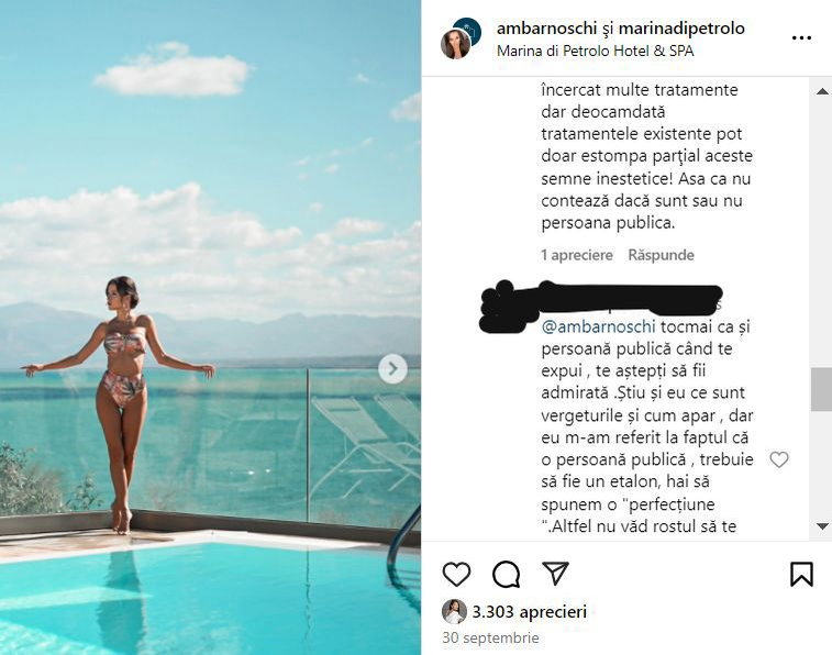 Ana Maria Barnoschi, taxată aspru pentru apariția la piscină. Un fan, nemulțumit de câte vergeturi are
